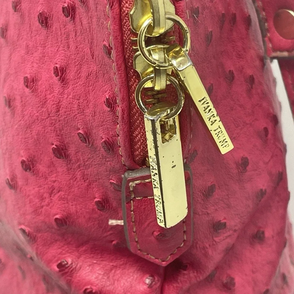 Ivanka Trump Ava Dome Satchel Pink Ostrich Embossed Handbag Gold Hardware Purse